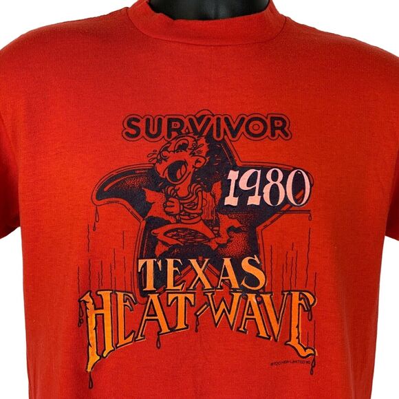 Vintage Survivor 1980 Texas Heat Wave T Shirt Mens M Medium Red 80s Hot Weather